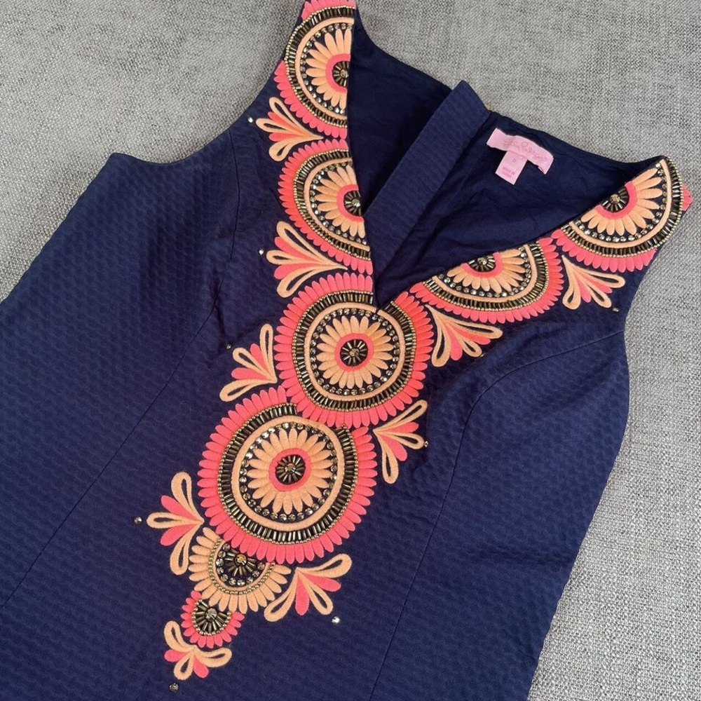 Lilly Pulitzer Gabby Navy Blue Sheath Dress Cotton Beaded Embellished Sz 14